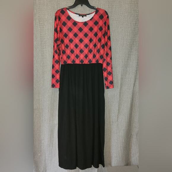 Red & Black Plaid Long Sleeve Maxi Dress with Pockets | Size Large - Picture 3 of 6